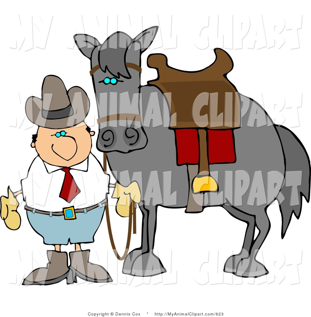 Larger Preview  Clip Art Of A Cowboy Standing Beside A Saddled Gray