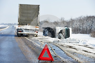 Lorry Trailer Car Crash Smash Accident On An Slippery Winter Snow    