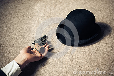 Man Is Lying Dead On The Floor With His Hat And His Revolver 