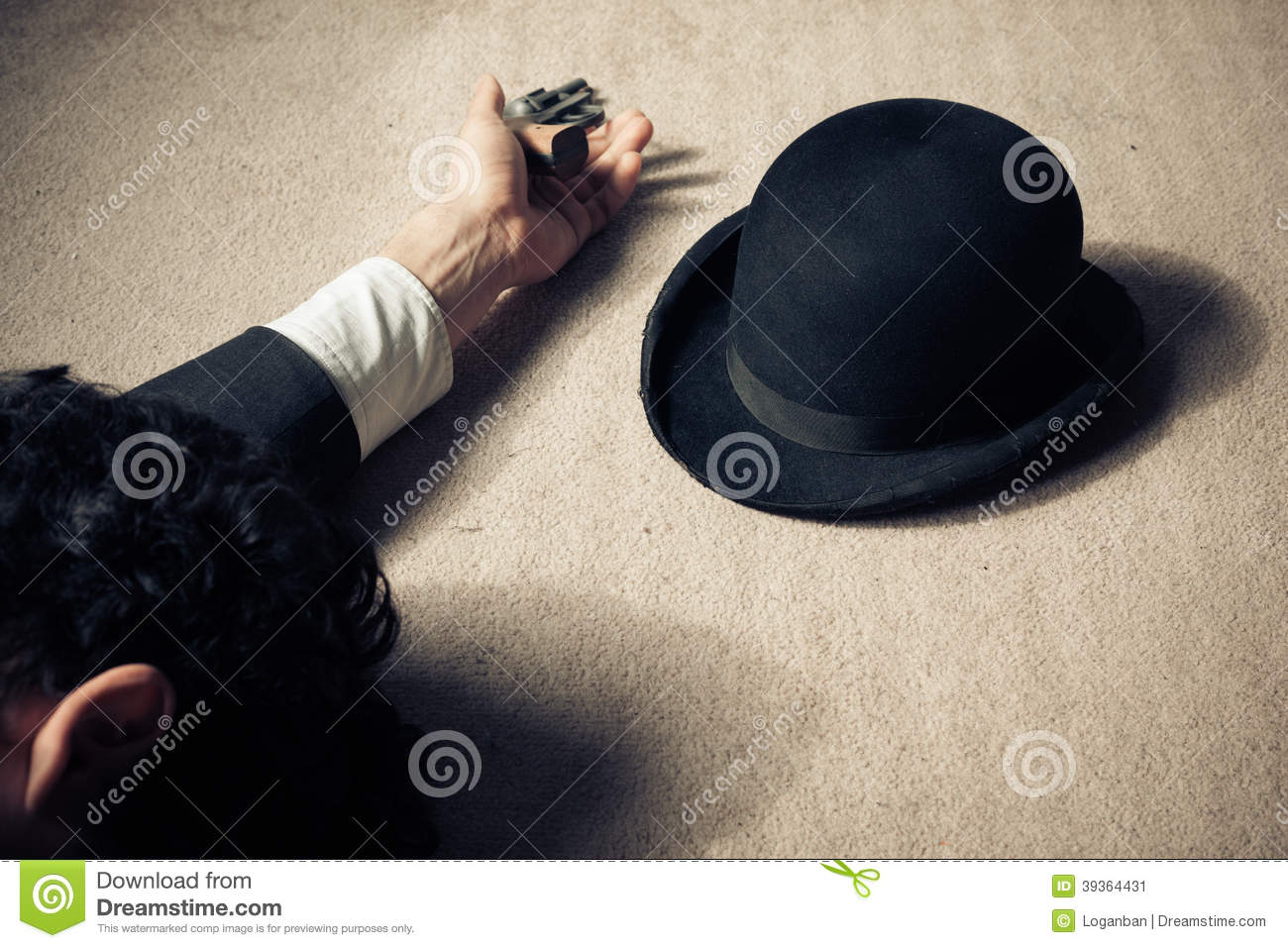 Man Is Lying Dead On The Floor With His Hat And His Revolver