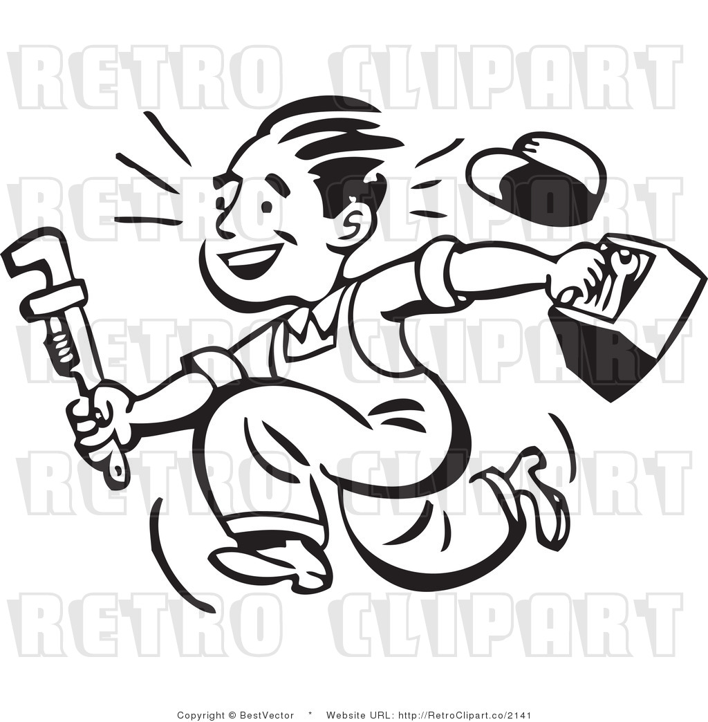 Royalty Free Black And White Retro Vector Clip Art Of A Plumber By