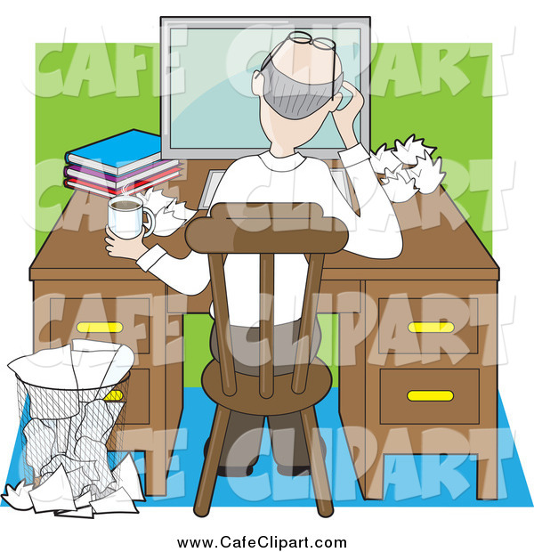     Art Of A Rear View Of An Author Working At A Desk With Crumpled Pages