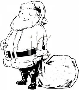 Black And White Cartoon Of Santa Claus Holding A Giant Bag Of Toys
