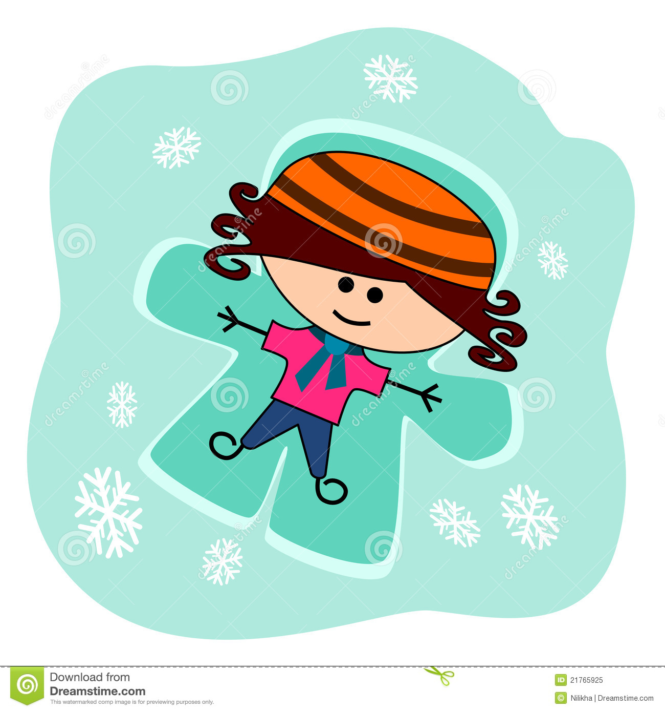 Cartoon Girl Lying On The Snow And Making A Snow Angel