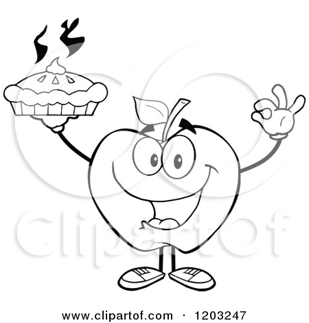 Cartoon Of A Black And White Apple Character Holding A Pie   Royalty