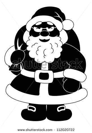  Cartoon Santa Claus With A Bag Of Gifts Black Silhouette On White    