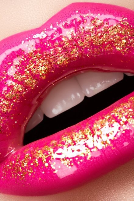Girl Glitter Gold Kiss Lips Makeup Pink Pretty Sexy Shimmer