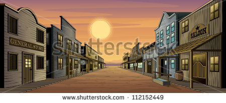 Of An Old West Town At Sunset  Town Includes A General Store