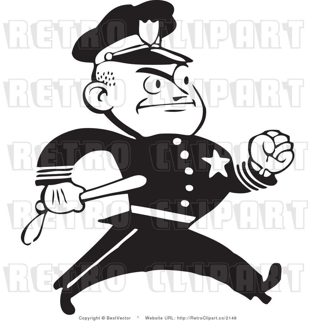 Royalty Free Black And White Retro Vector Clip Art Of An Angry Police