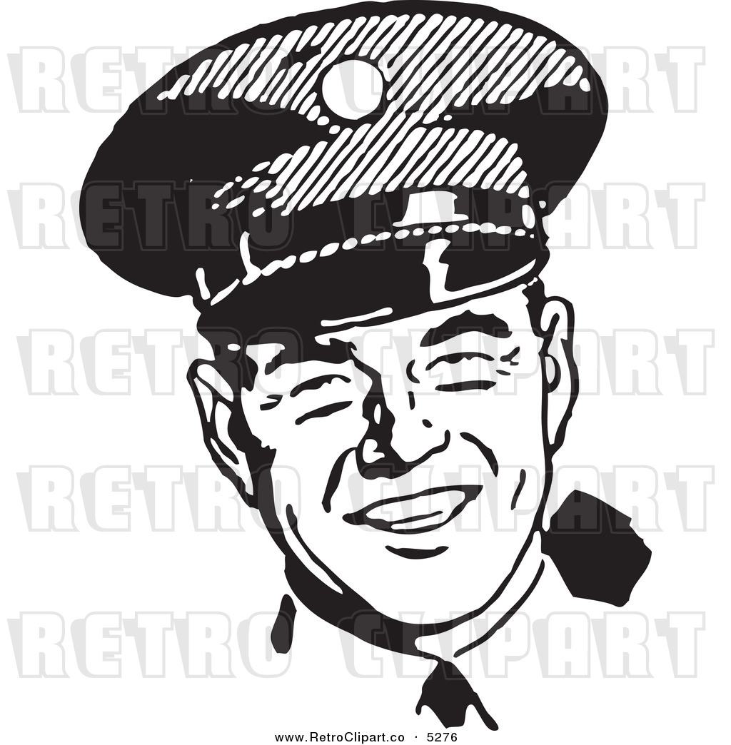 Vector Clipart Of A Black And White Retro Happy Police Officer