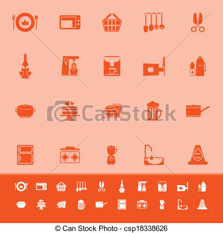 Vector Illustration Of Home Kitchen Color Icons On Orange Background