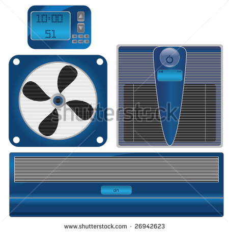 Air Conditioning Fan Electric Thermometer And Cleaner Air   Stock