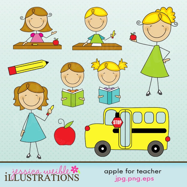 Apple For Teacher Stick Figures Cute Digital Clipart For Card Design