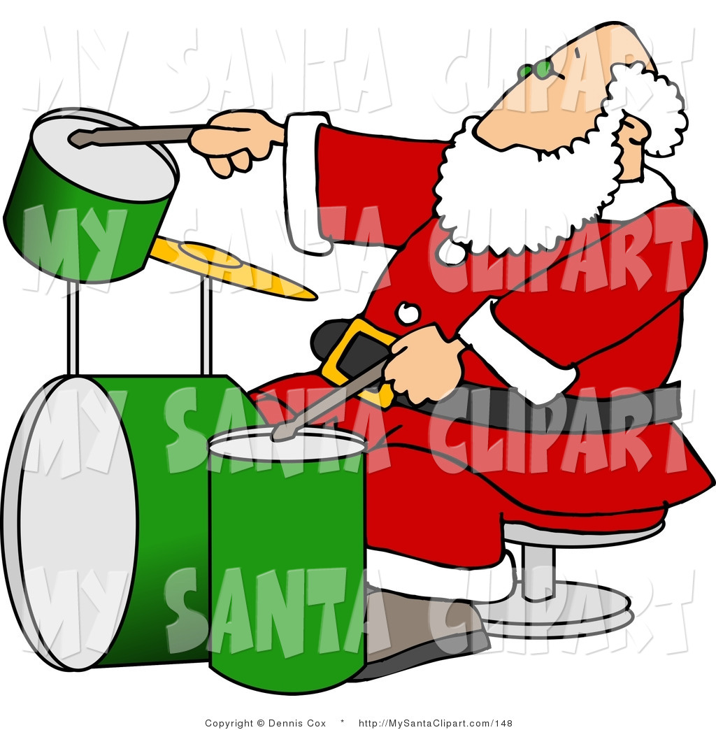 Christmas Clip Art Of A Jazzy Santa Claus Playing With A New Drum Set