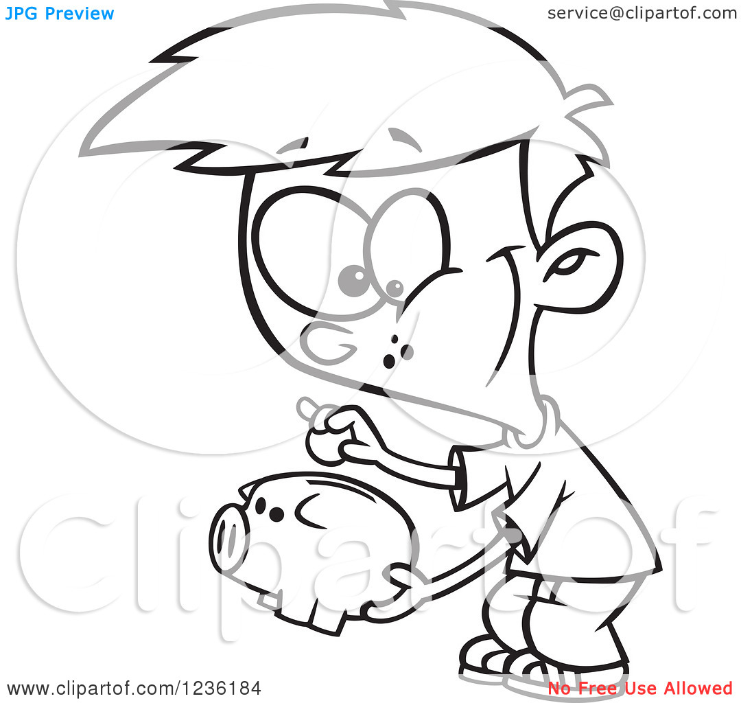 Clipart Of A Black And White Boy Putting A Coin In His Piggy Bank