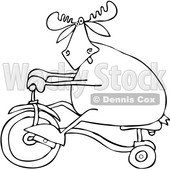 Clipart Of A Cartoon Black And White Lineart Moose Riding A Tricycle