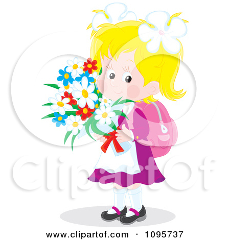 Clipart Sweet School Boy Carrying A Bouquet Of Flowers   Royalty Free