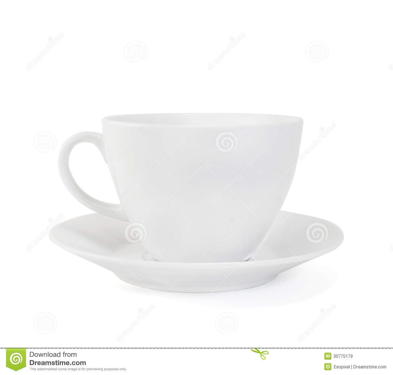 Empty Ceramic Tea Cup Over White Plate Isolated On White Background 