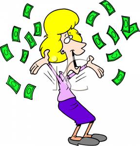 Happy Woman Throwing Money Into The Air   Royalty Free Clipart