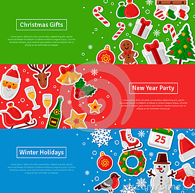 Merry Christmas Horizontal Banners Set With Flat Sticker Icons  Vector    