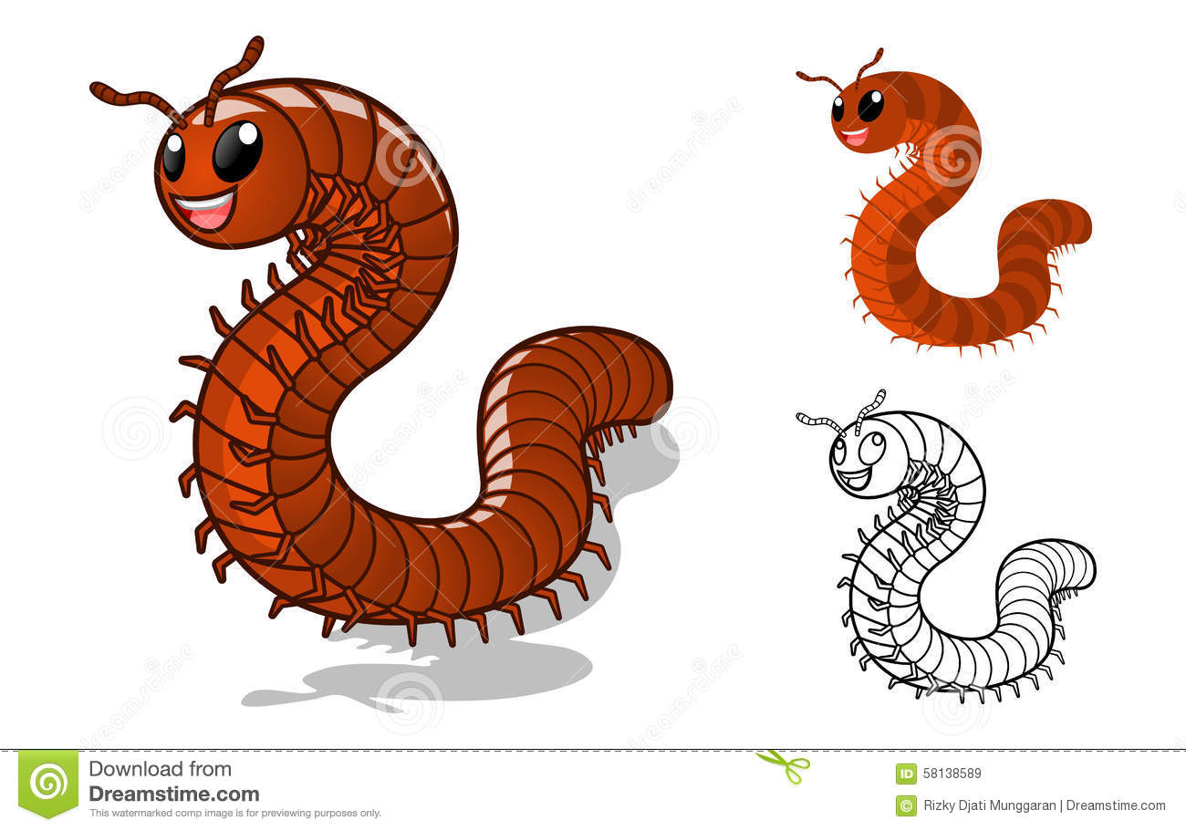 Millipede Cartoon Character With Flat Design And Line Art Black And
