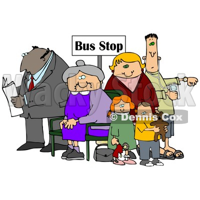 Old Lady Seated In A Chair At A Bus Stop Surrounded By A Group Of