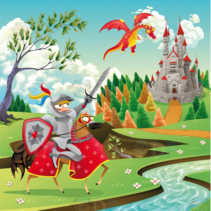 Paradise   Panorama With Medieval Castle Dragon And Knight    Scenes
