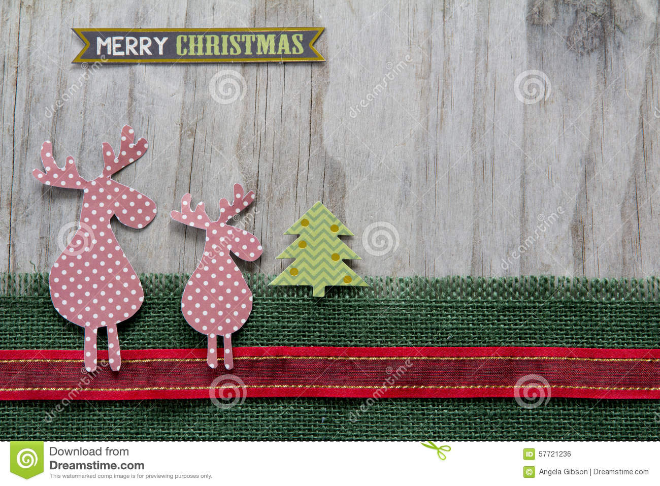 Rustic Merry Christmas Card With Reindeer Tree And Snowflakes On Red    