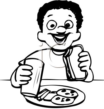 Black And White Cartoon Of An Ethnic Boy Eating Lunch   Royalty Free