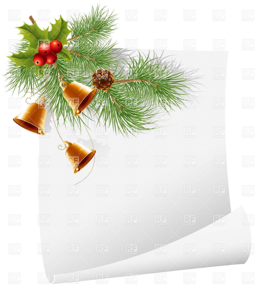 Blank Christmas Greetings Card With Bells And Pine Branch Borders And