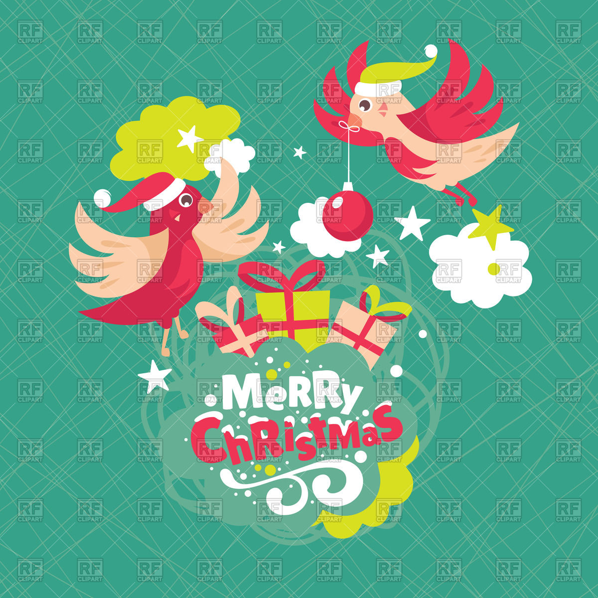 Christmas Greeting Card With Two Cartoon Birds In Santa S Hat 48349