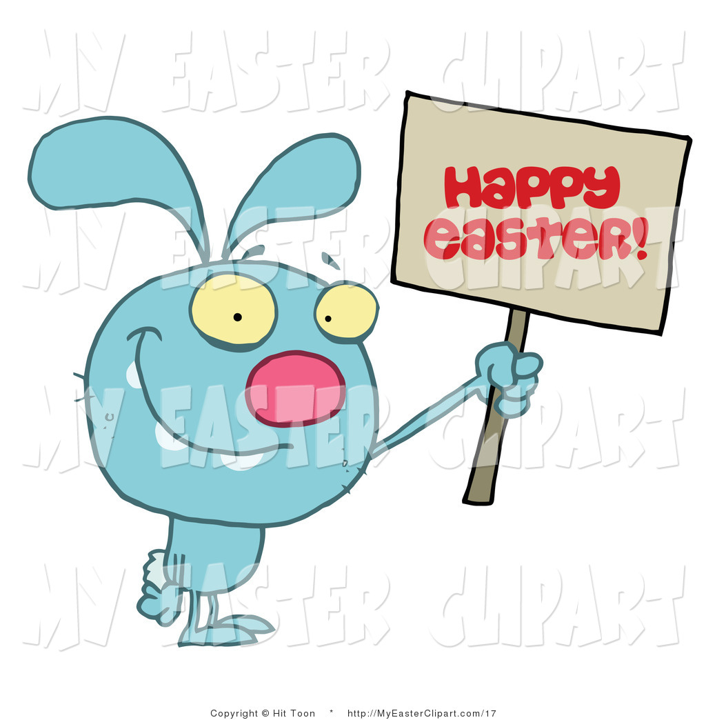 Clip Art Of A Grinning Blue Easter Bunny Holding Up A Happy Easter