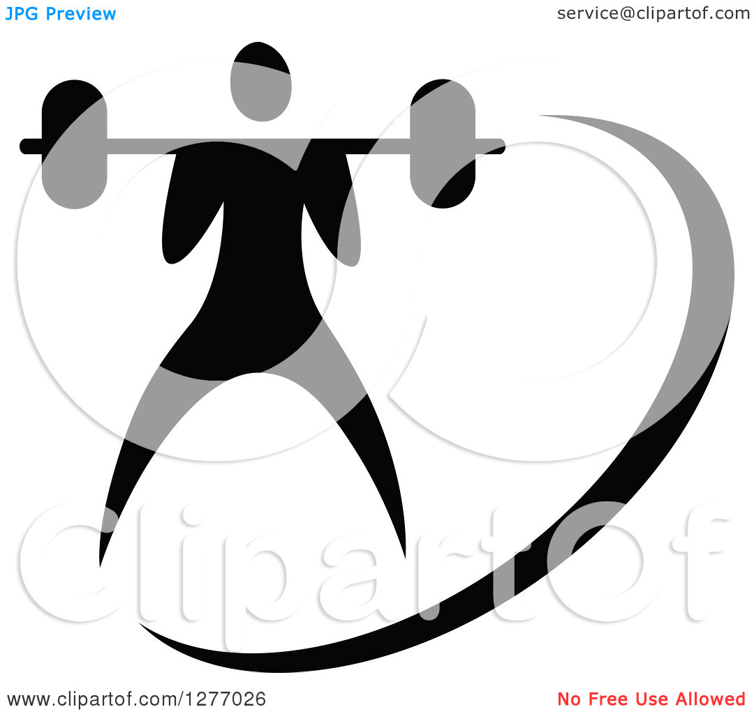Clipart Of A Black And White Bodybuilder With A Barbell   Royalty Free