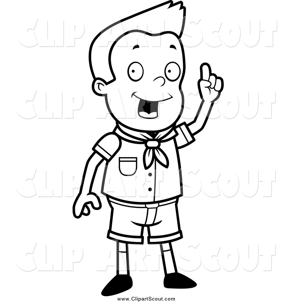 Clipart Of A Black And White Smart Scout Boy Standing And Holding Up A