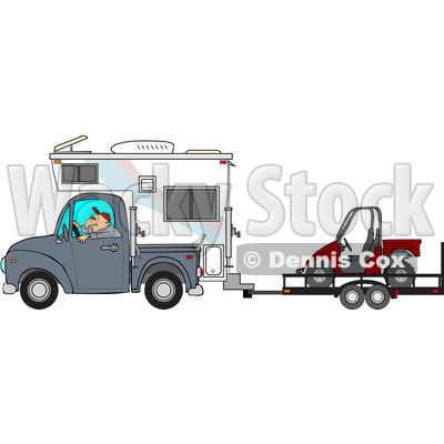 Clipart Of A Caucasian Man Driving A Truck And Camper And Towing A Utv    