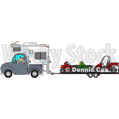 Clipart Of A Caucasian Man Driving A Truck And Camper And Towing Atvs    