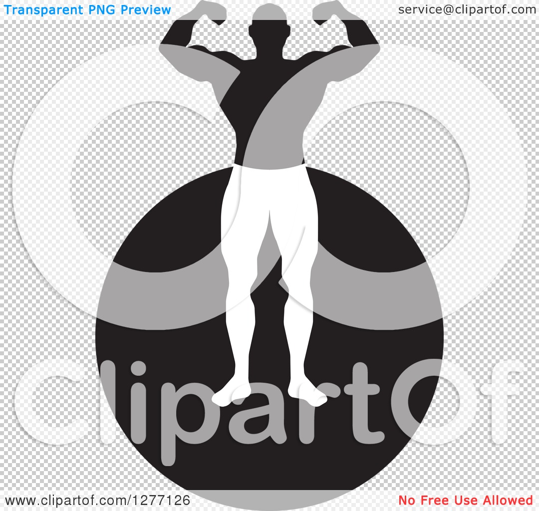 Clipart Of A Flexing Black And White Male Bodybuilder Over A Circle    