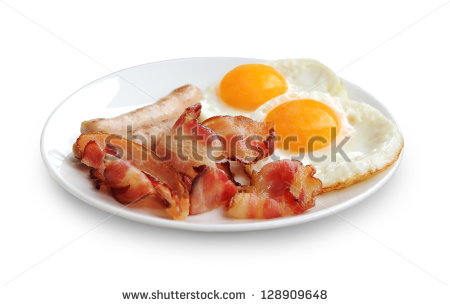 Eggs Bacon And Chicken Sausage On White Background   Stock Photo