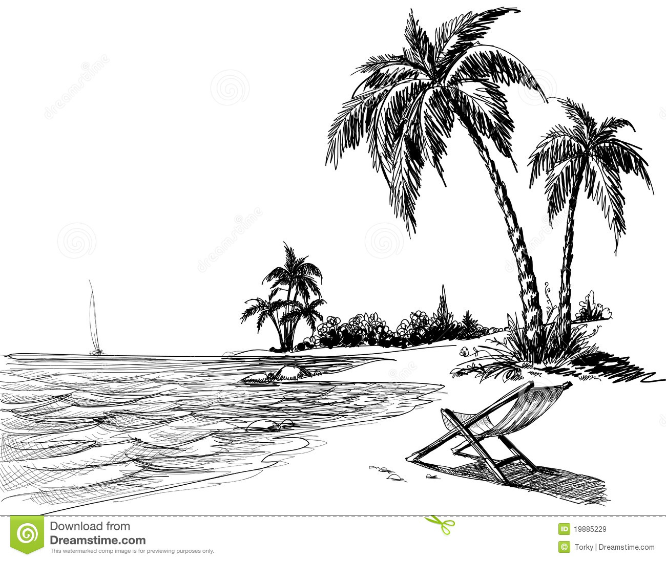 Hand Drawn Illustration Of Summer Beach With Palm Trees And Chaise