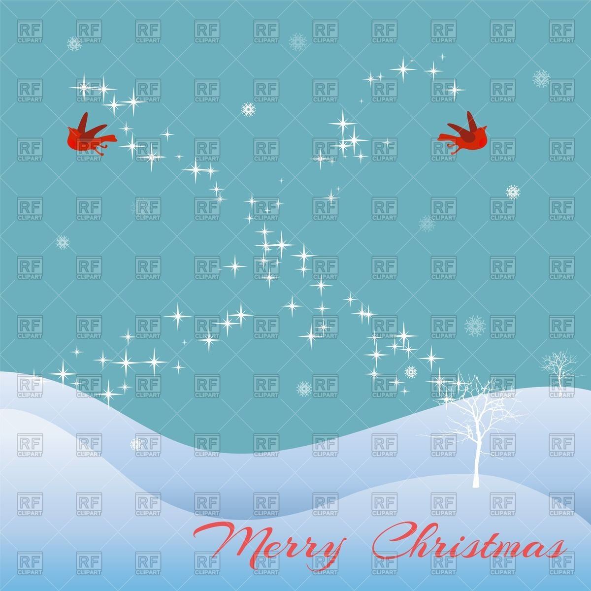 Merry Christmas Card With Winter Landscape With Snowdrifts And Birds