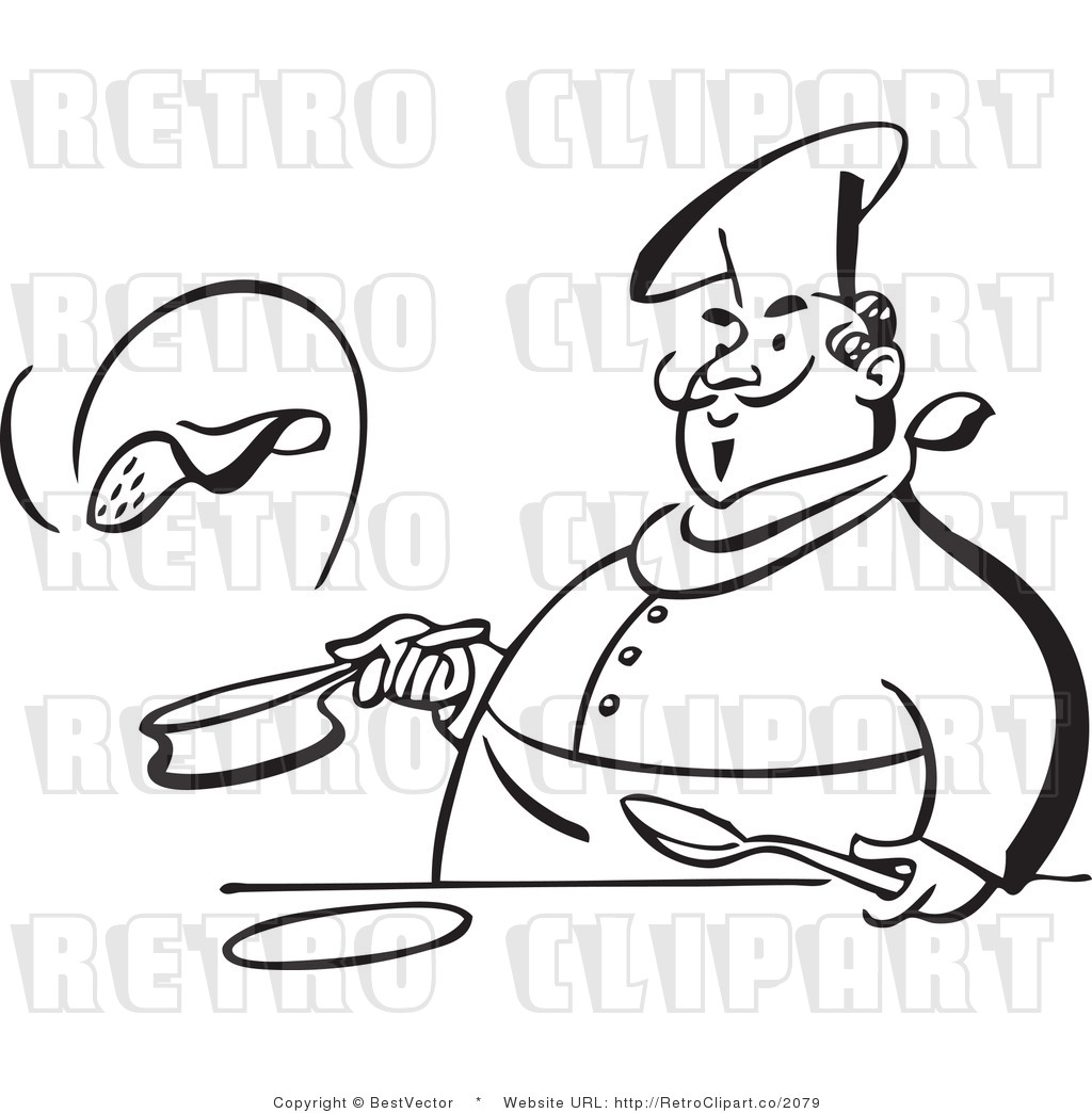 Royalty Free Black And White Retro Vector Clip Art Of A Chef Flipping    