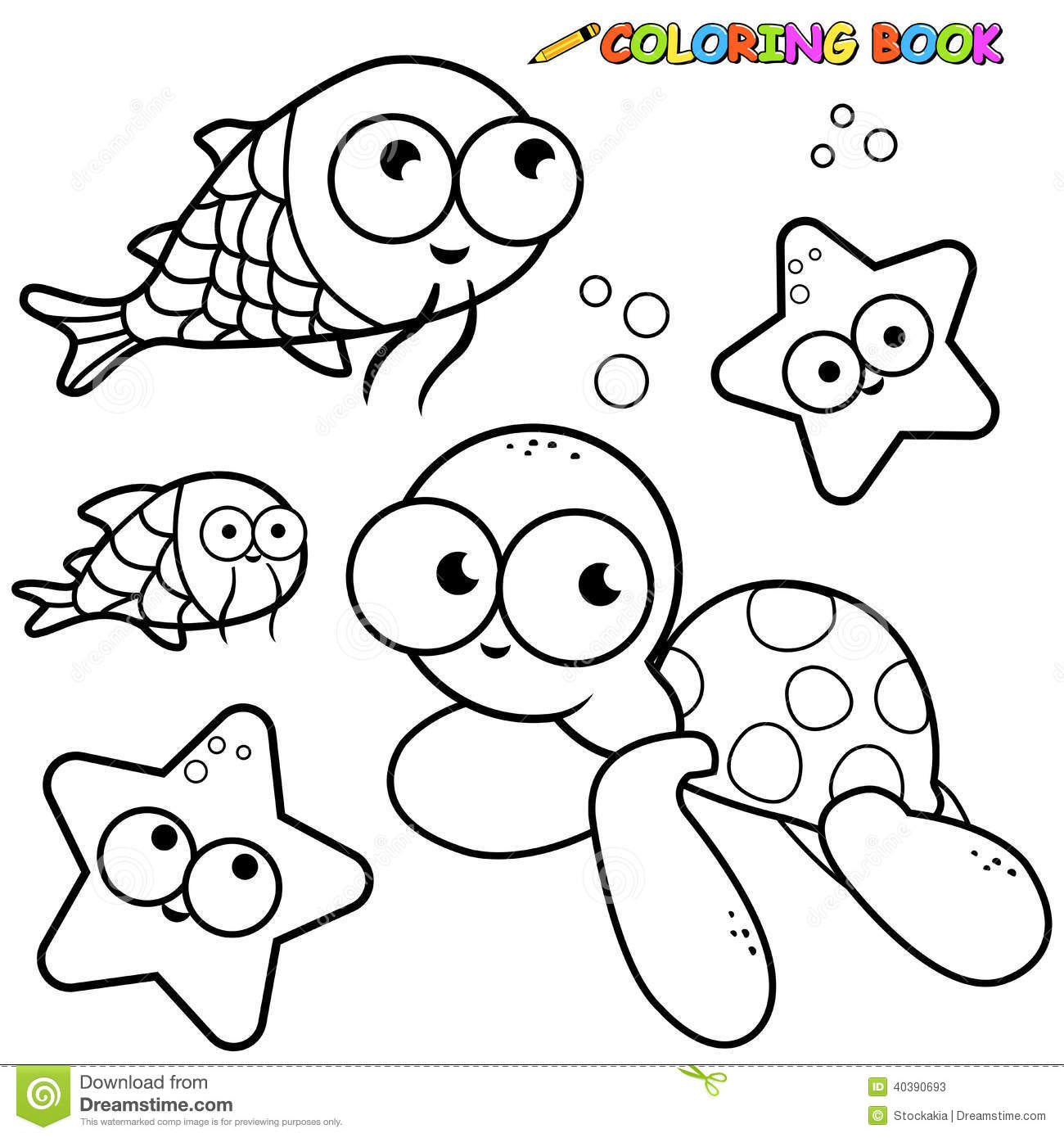 Black And White Outline Images Of Sea Animals  Coloring Book Page