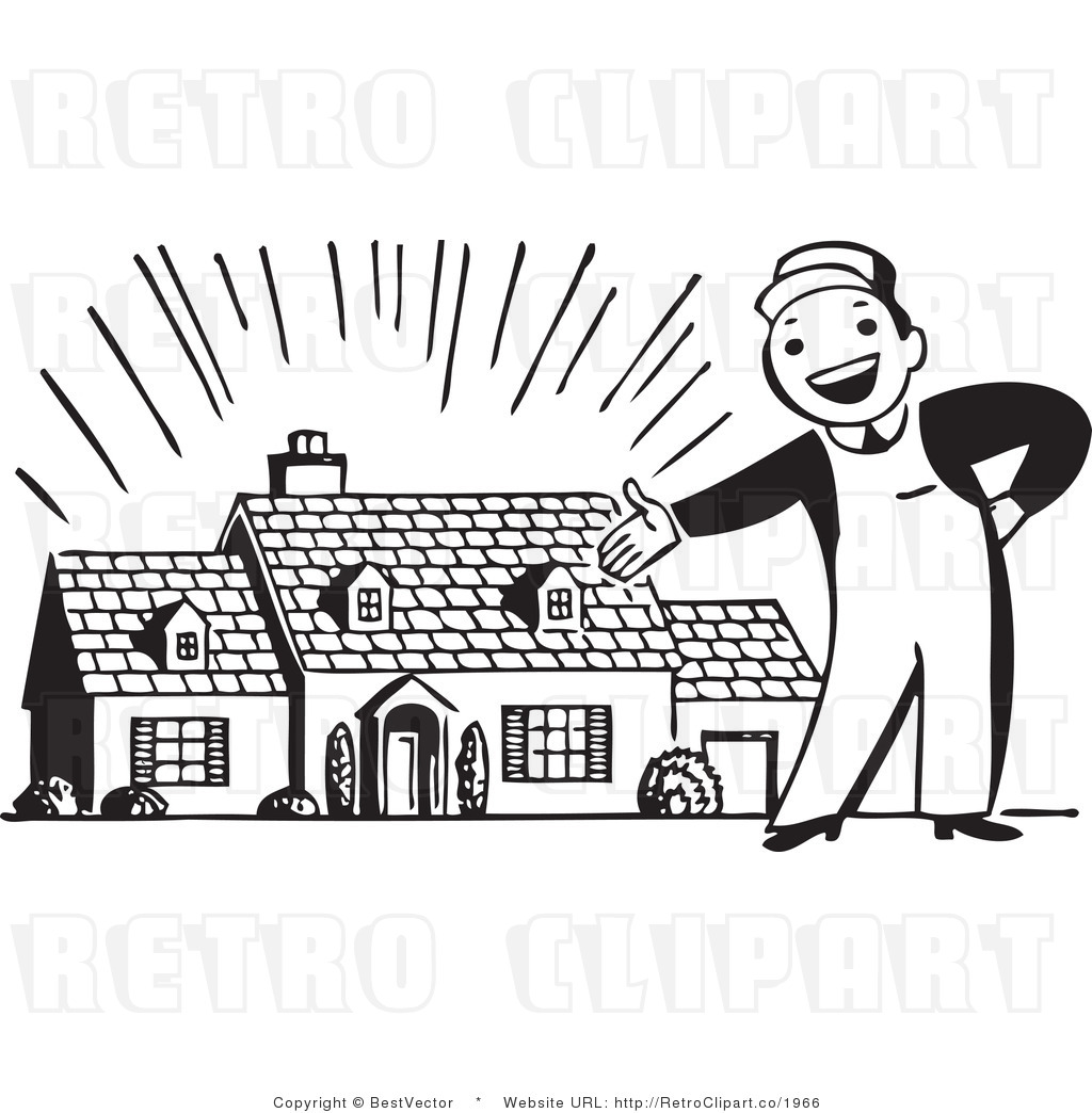 Black And White Retro Vector Clip Art Of A Builder Presenting A Home