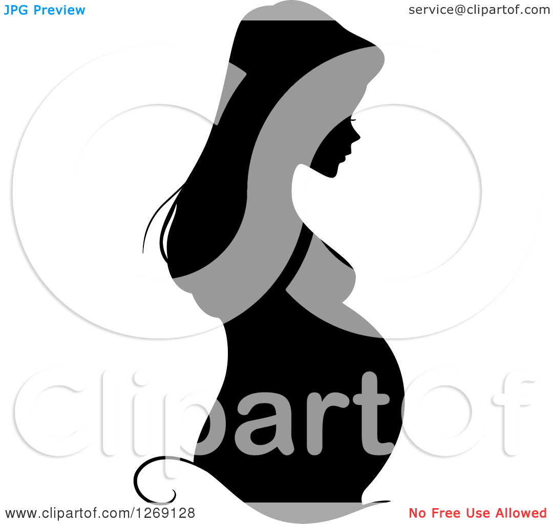 Clipart Of A Silhouetted Black Pregnant Woman In Profile With A Swirl