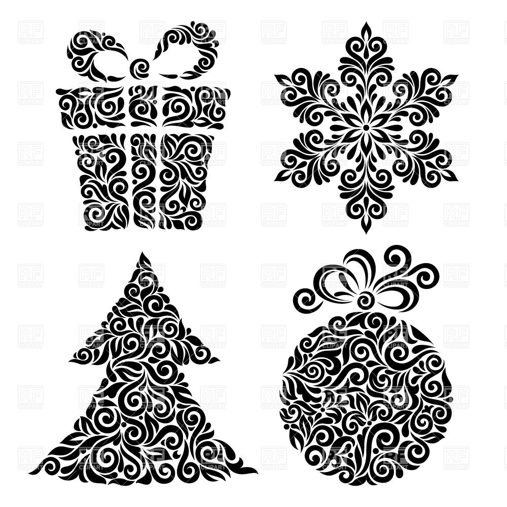 Curly Ornated Christmas Symbols  Gift Box Ball Tree And Snoflake