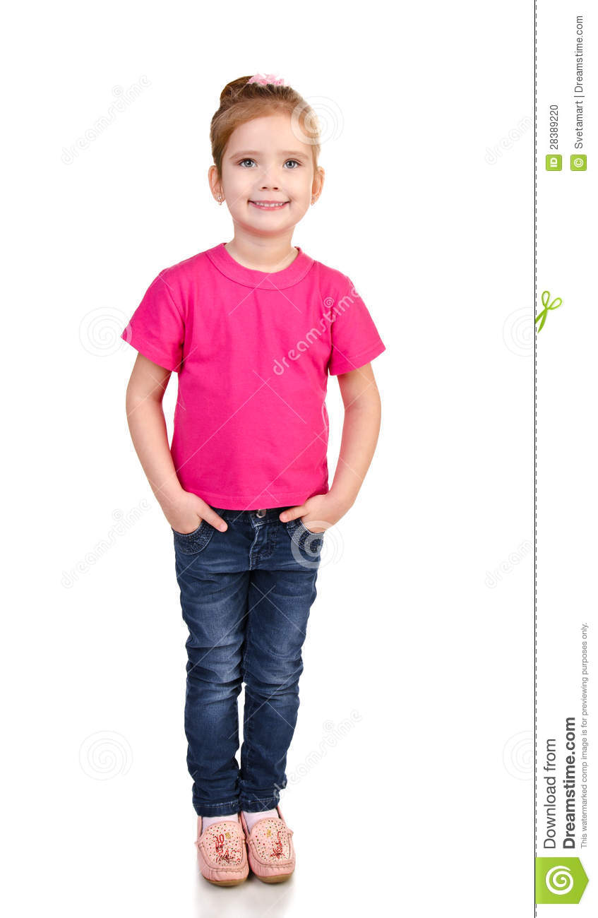 Cute Little Girl In Jeans And T Shirt Isolated Stock Photo   Image
