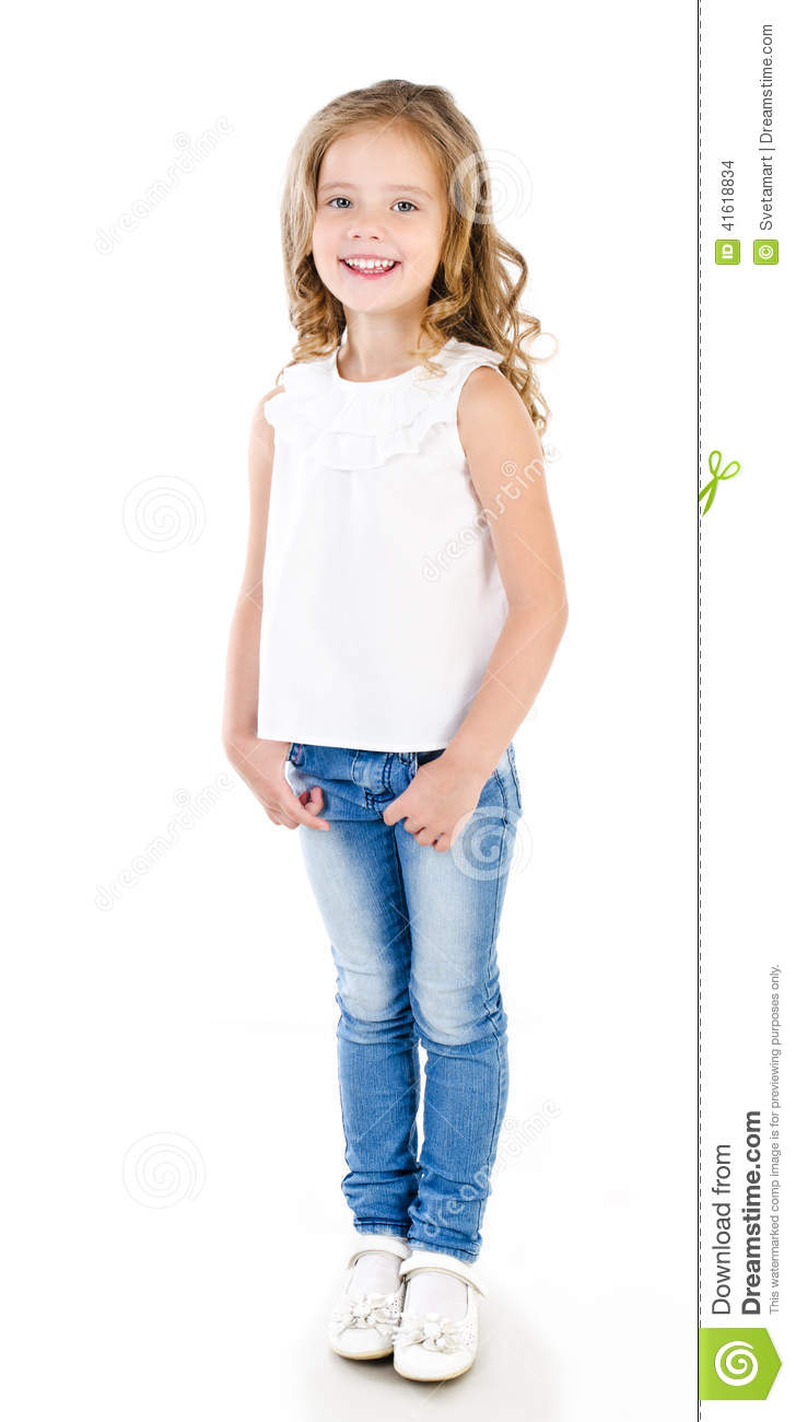 Cute Smiling Little Girl In Jeans Isolated Stock Photo   Image
