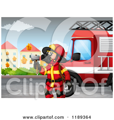 Happy Fireman With An Ax At A Building Fire Site