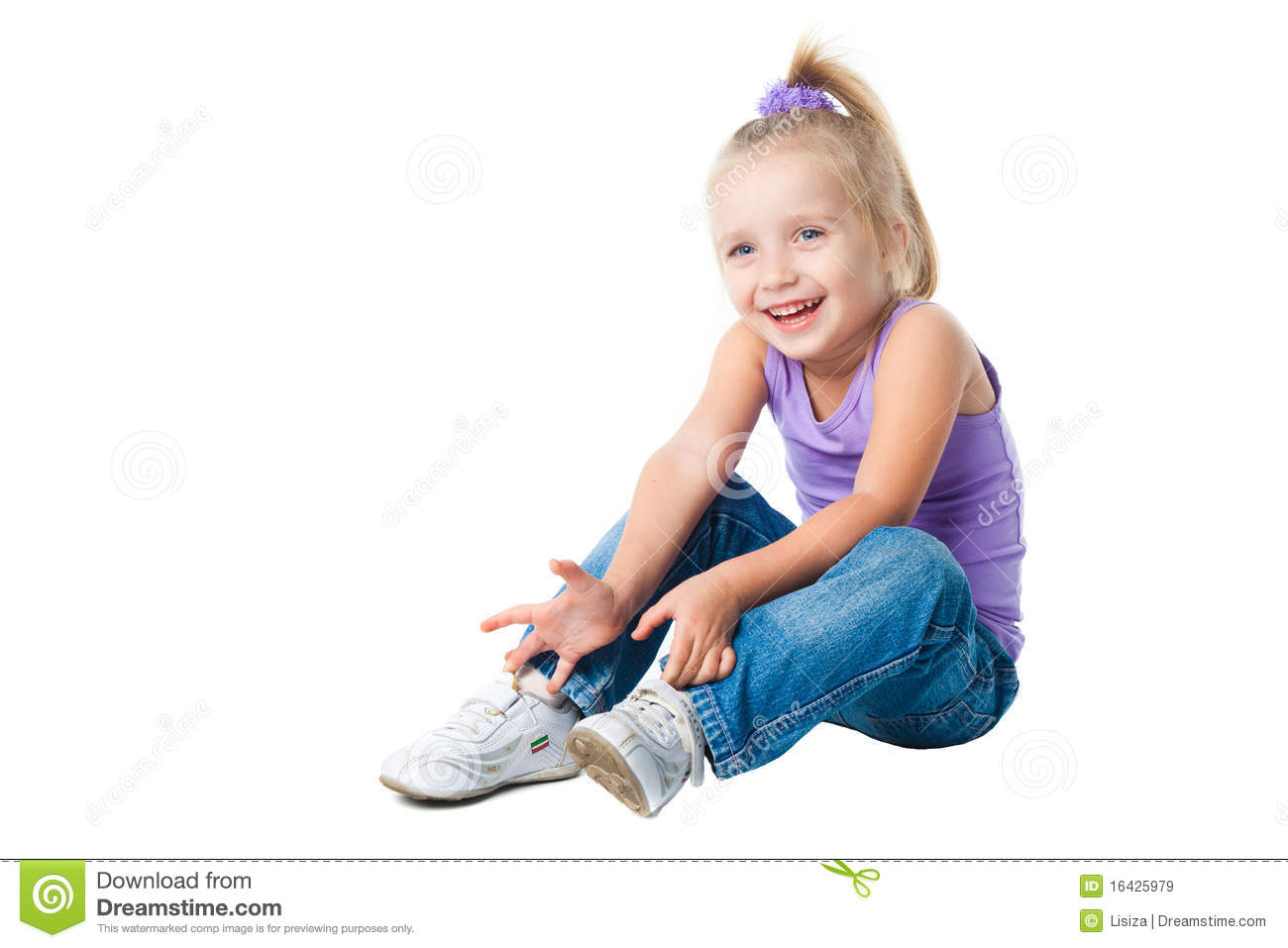 Happy Little Girl In Purple T Shirt And Jeans Royalty Free Stock