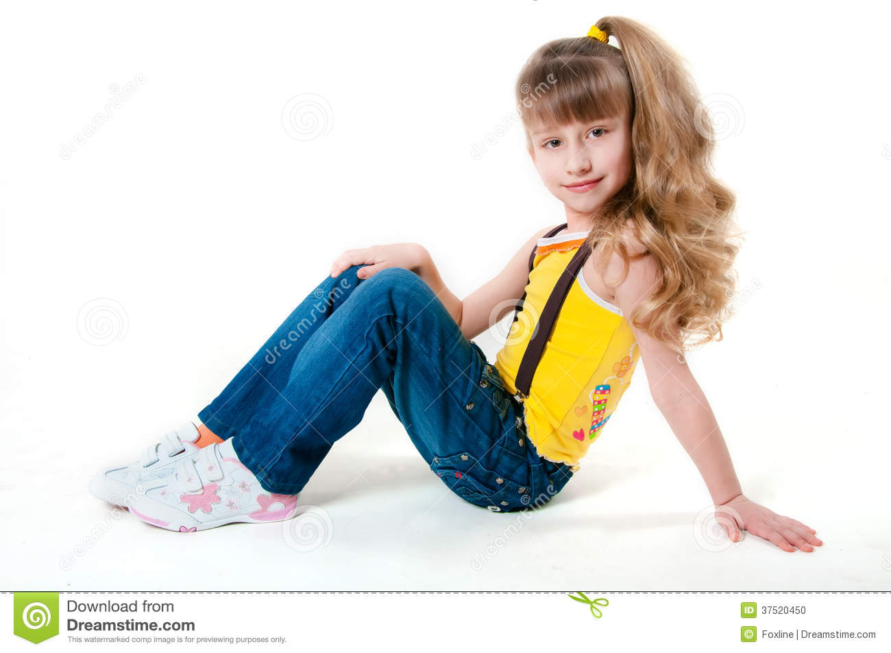 Little Girl In Jeans On A White Background Stock Photo   Image